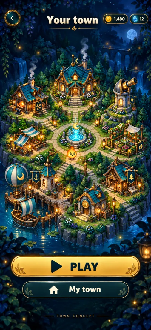 The player's town, rebuilt between battles